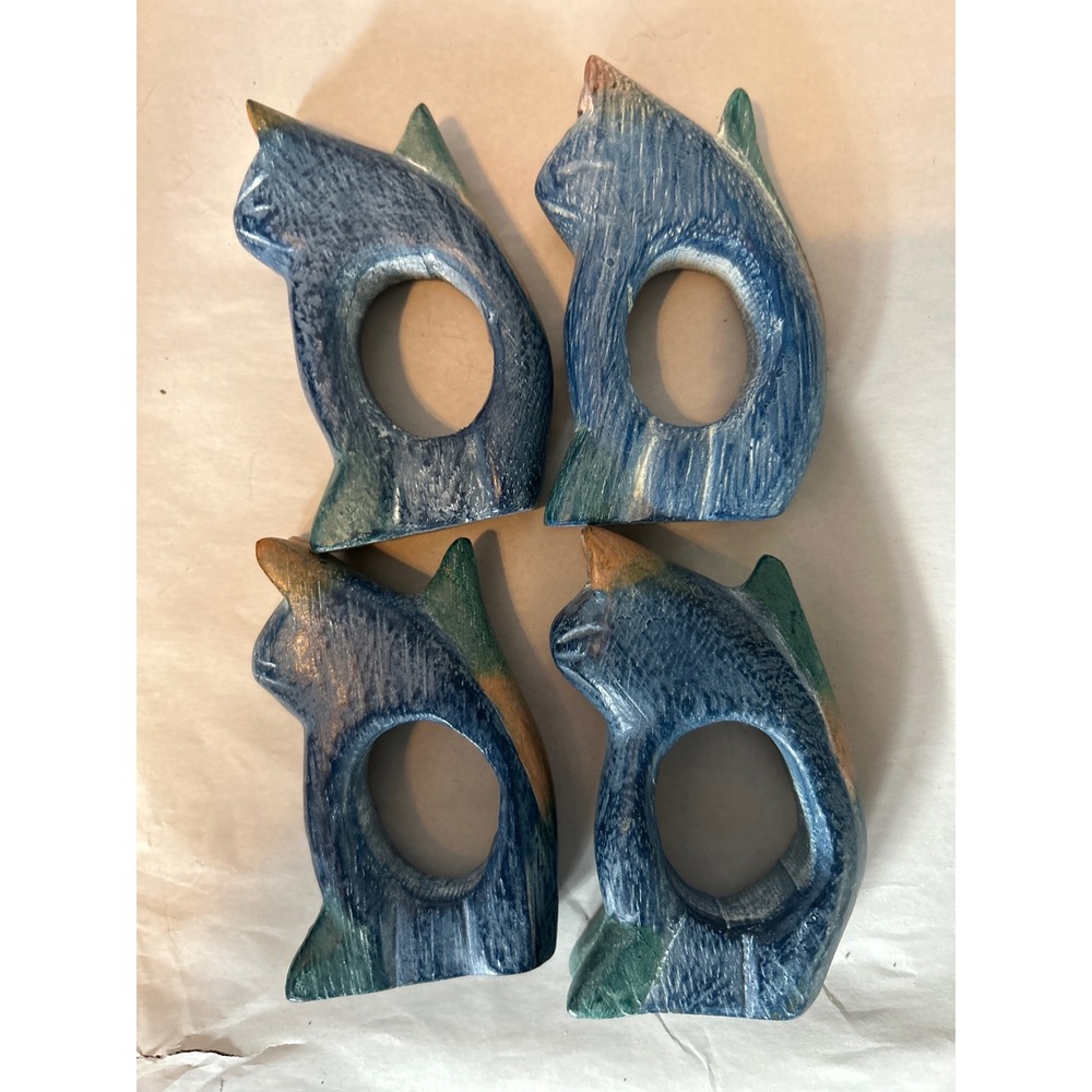 Set of 4 Hand carved Wooden Cat Napkin Rings Blue Green Textured Table Decor Art
